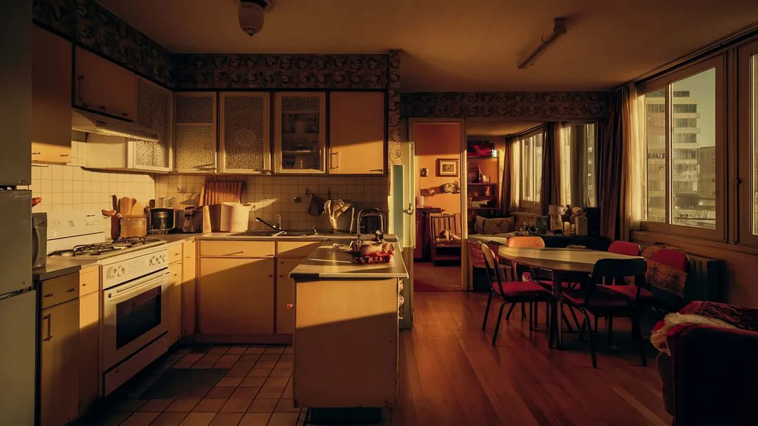 Cozinha antiga, com armários de madeira e luz amarelada