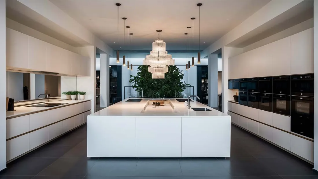 Cozinha contemporânea, ilha central branca e lustre de cristal