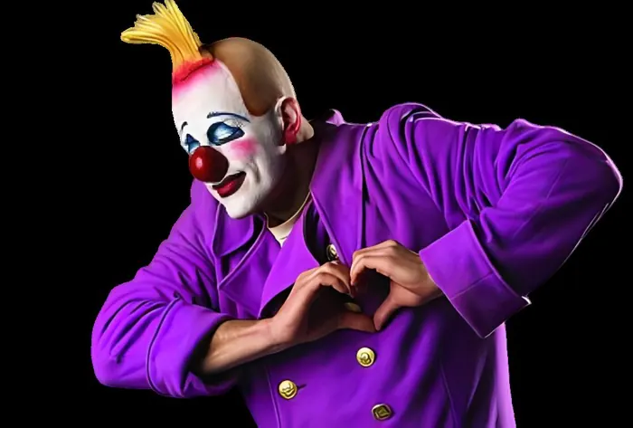 Palhaço de casaco roxo fazendo um coração com as mãos