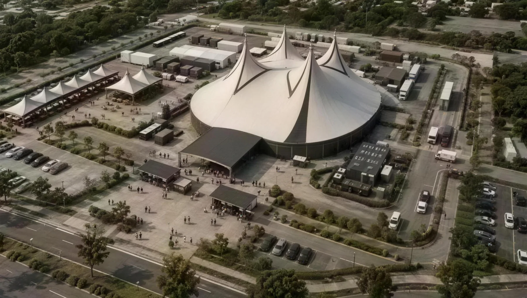 Vista aérea em 3D da operação do Universo Casuo: lona, praça, carretas e estacionamento