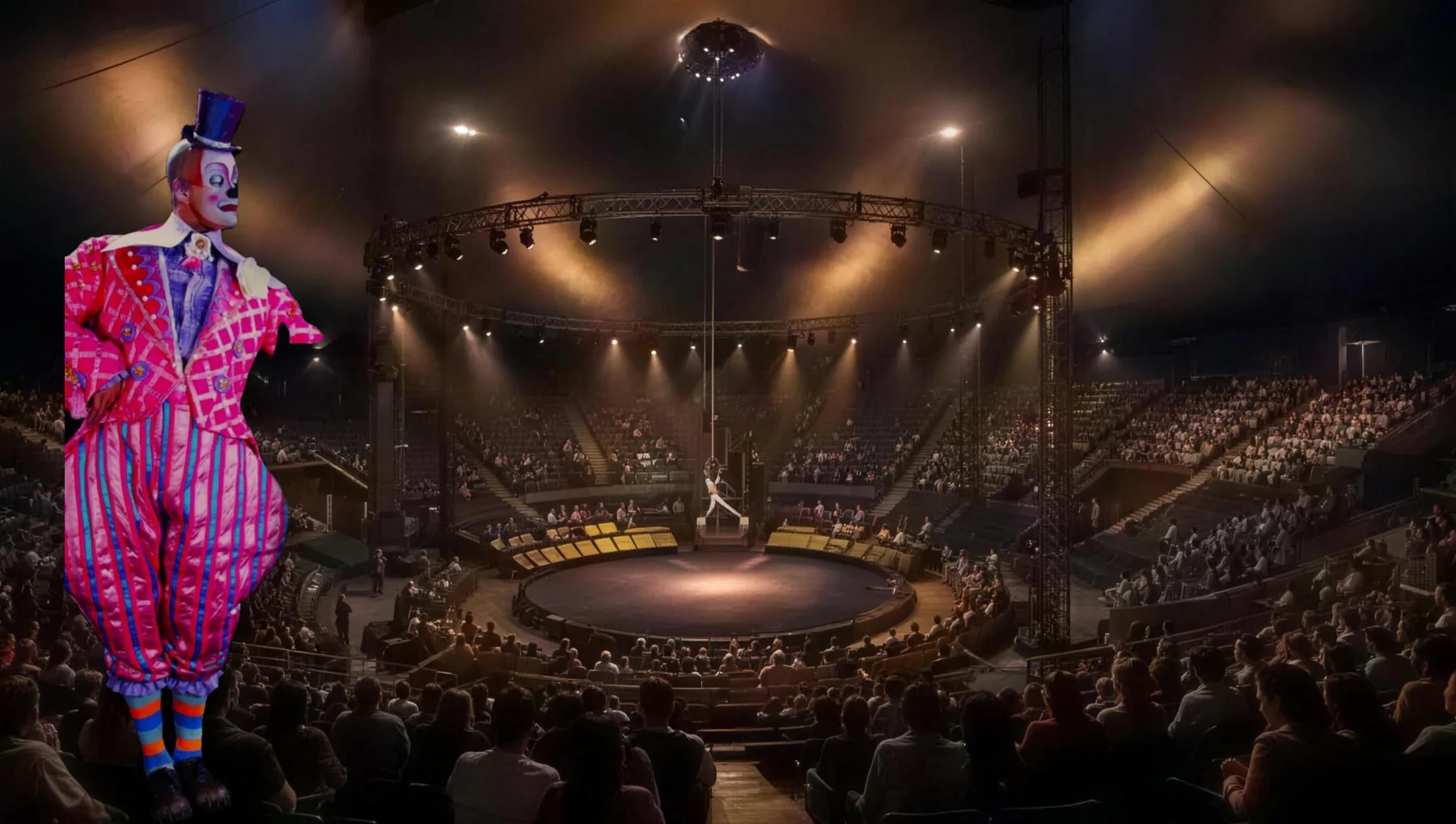 Interior da arena em 3D, com o público em volta do picadeiro e o palhaço de cartola em primeiro plano