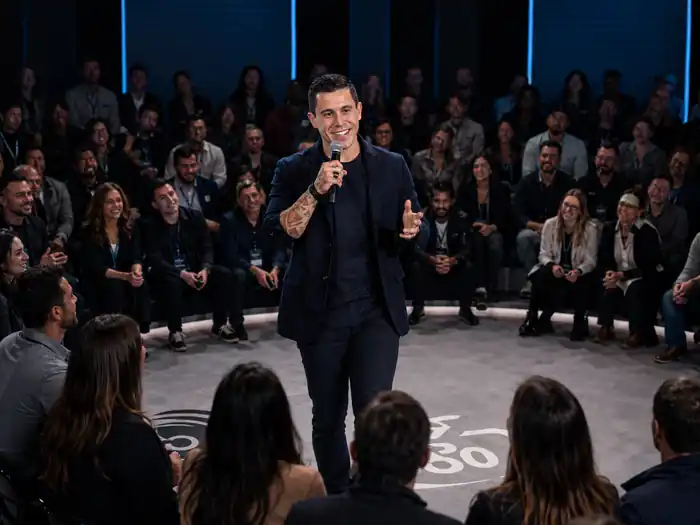 Johnny Destro falando no centro de um palco em formato de arena, cercado pela plateia, em evento corporativo