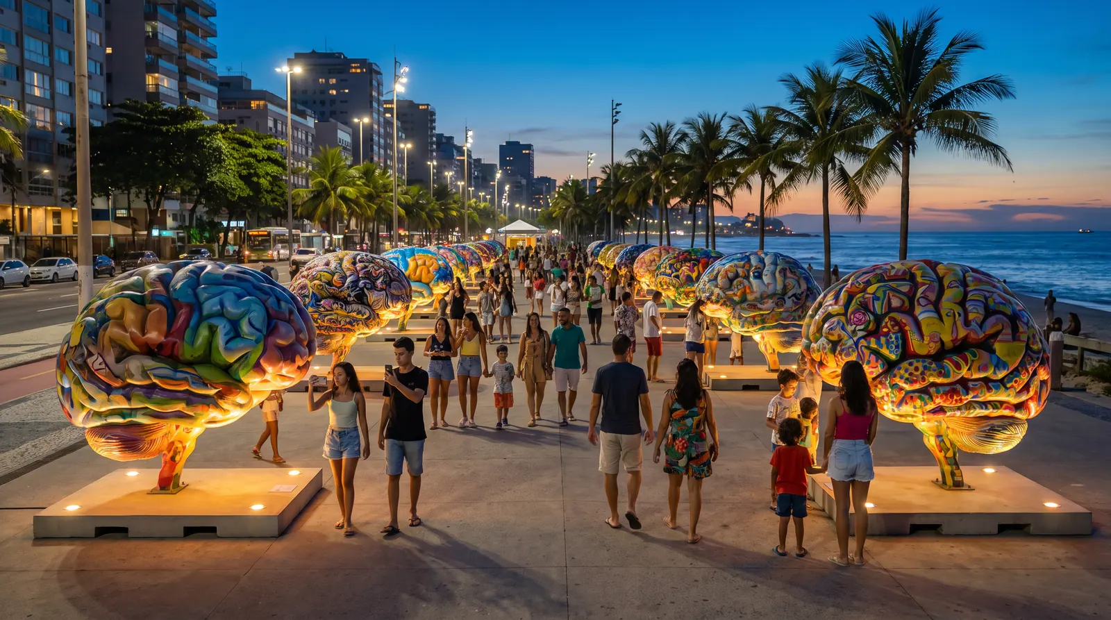 Projeção 3D da exposição: cérebros gigantes iluminados ao longo de uma orla, ao anoitecer