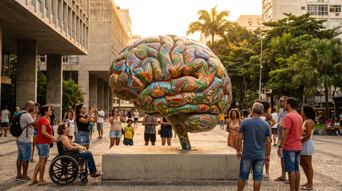 Projeção 3D: cérebro monumental instalado numa praça, com público em volta no fim da tarde